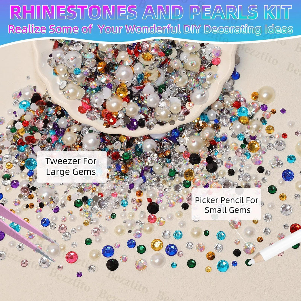 Bezztito 14000Pcs Colorful Flatback Rhinestones & Pearls Bedazzling Kit | 2-6mm Rhinestones, 4-10mm Flatback Pearls for DIY Nail Art & Crafts