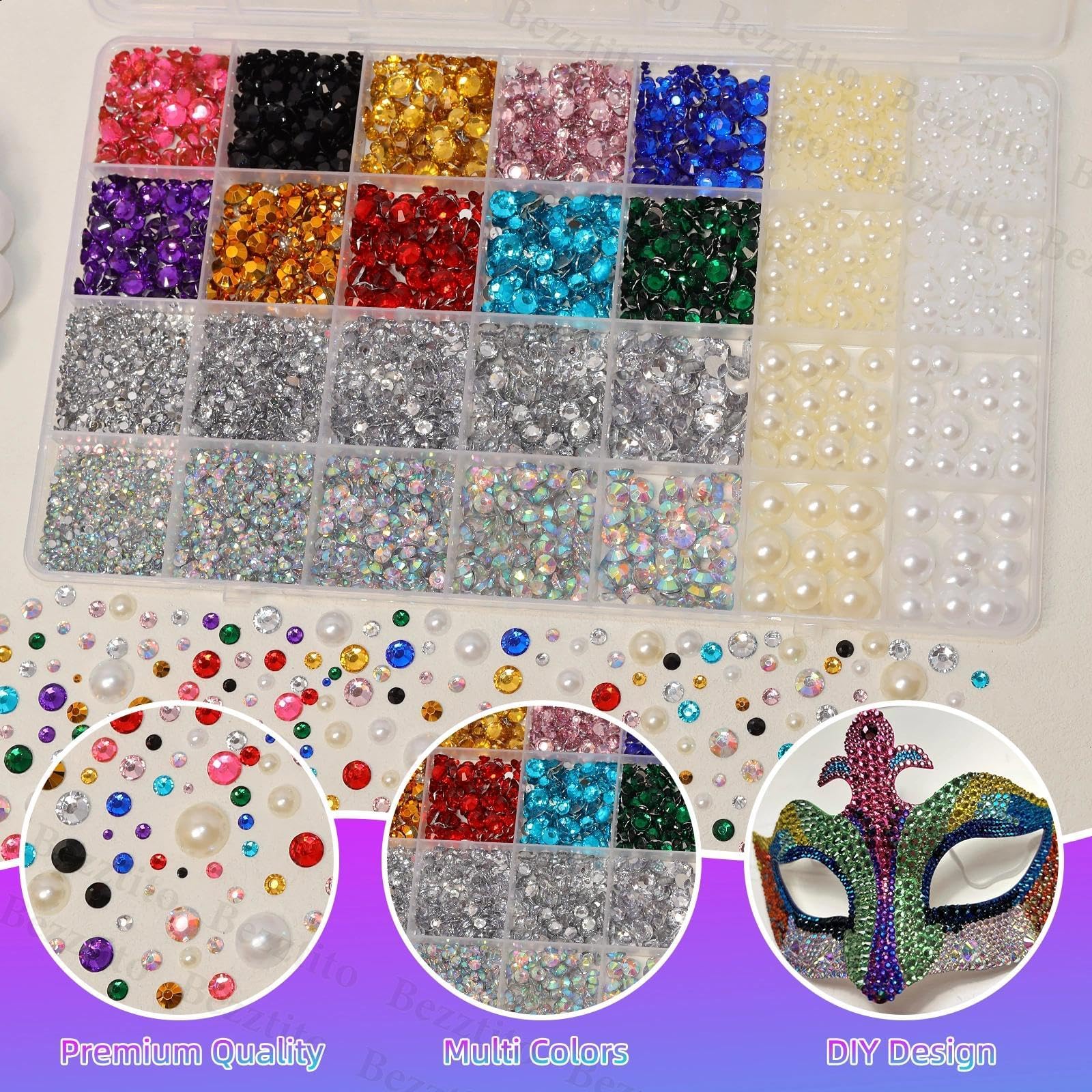 Bezztito 14000Pcs Colorful Flatback Rhinestones & Pearls Bedazzling Kit | 2-6mm Rhinestones, 4-10mm Flatback Pearls for DIY Nail Art & Crafts