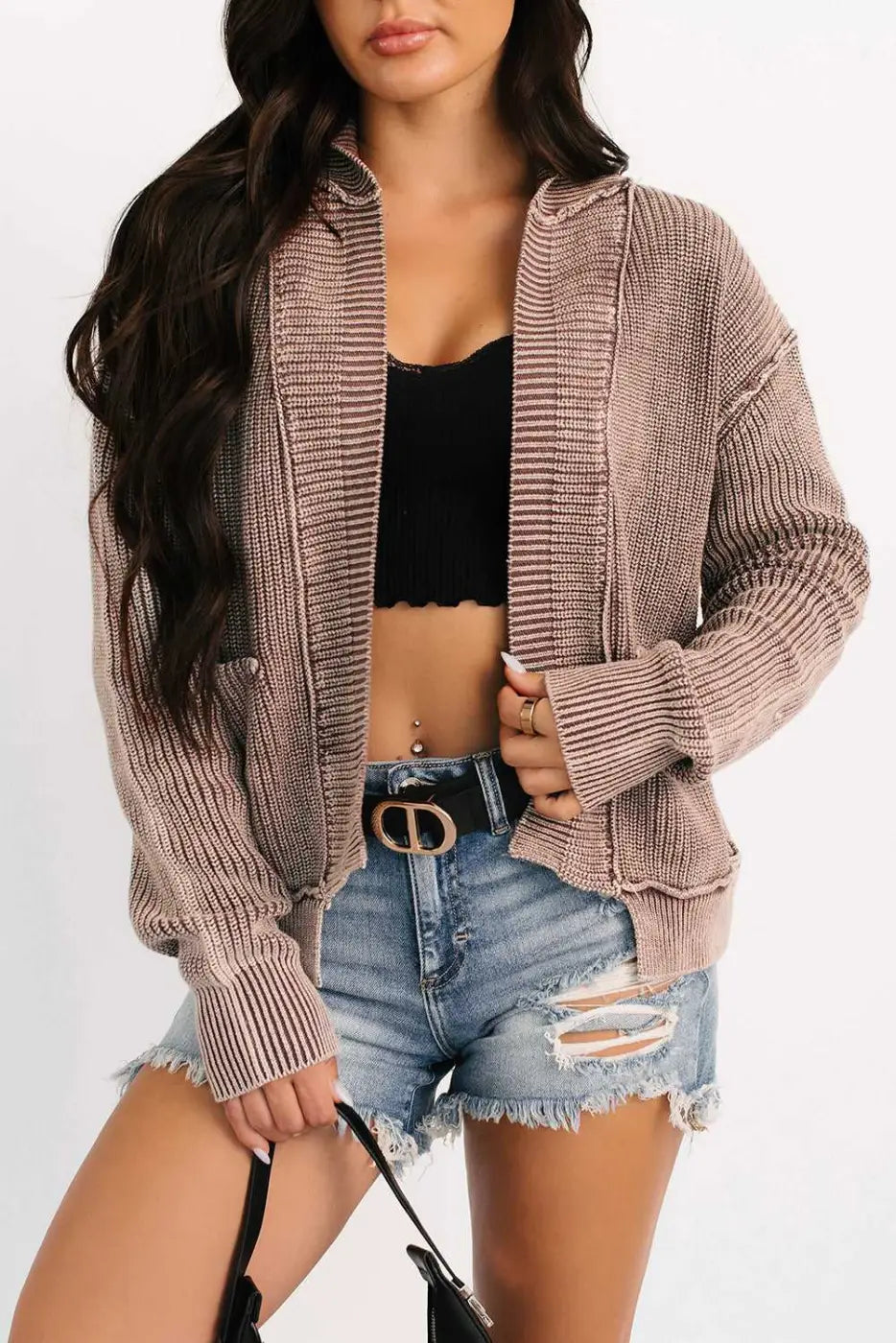 Stonewash Patchwork Knit Open Cardigan Women UK