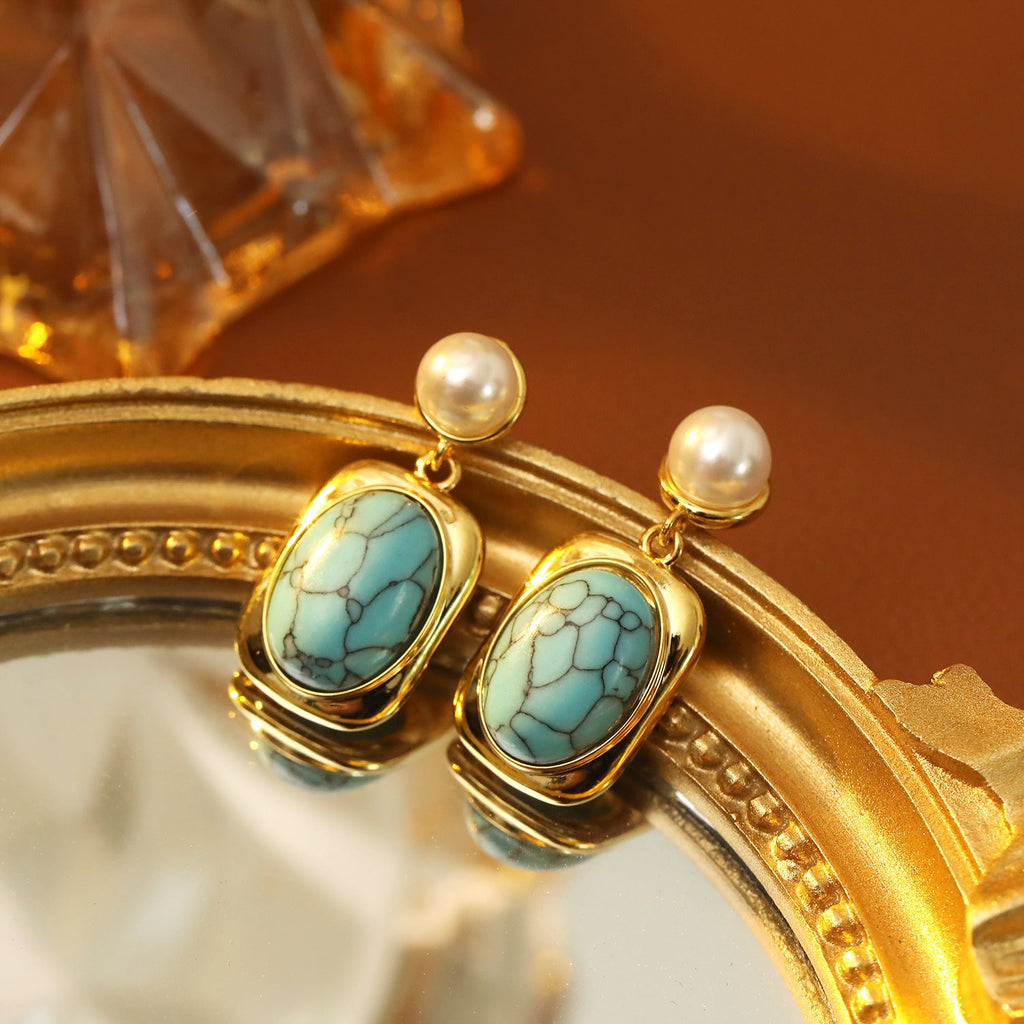 French Vintage Oval Turquoise Pearl Earrings