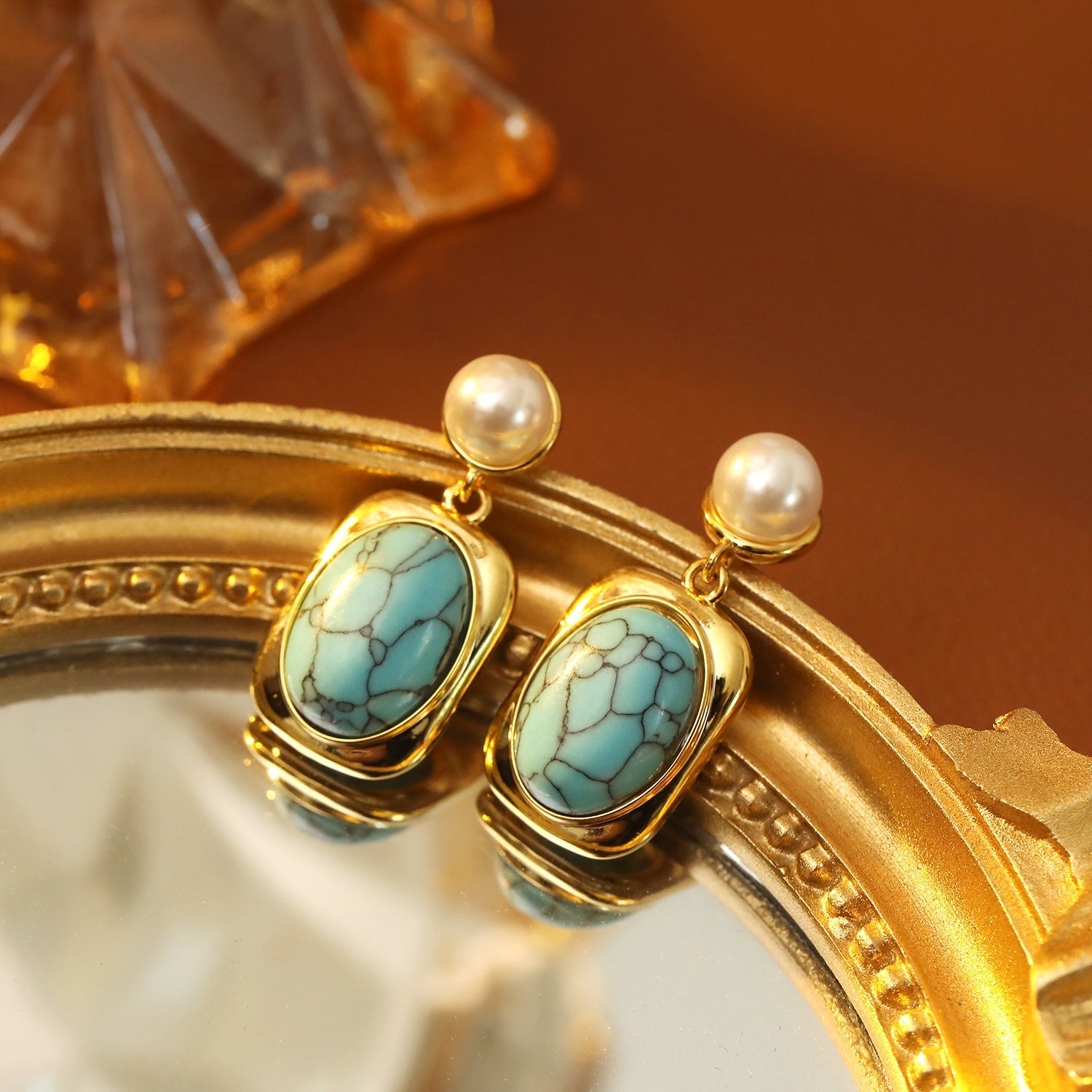 French Vintage Oval Turquoise Pearl Earrings