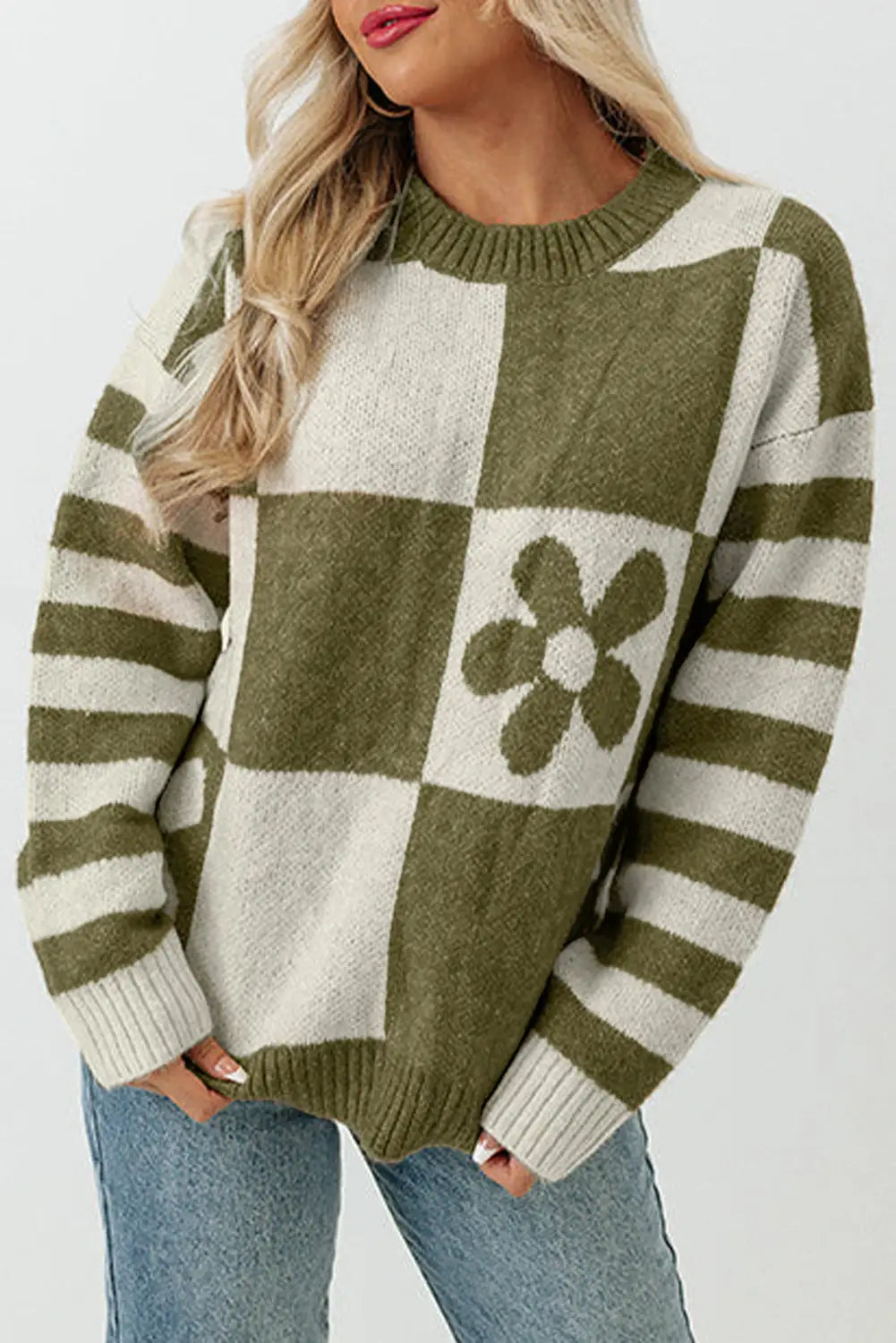 Checkered Floral Print Striped Sleeve Sweater Women UK