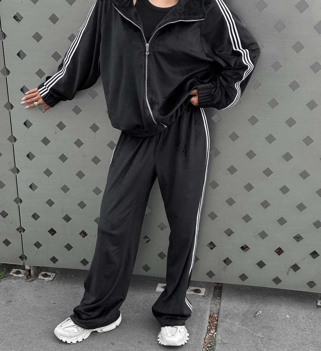 Women's Casual Hooded Jacket Loose Color-block Striped Pants Two-piece Set