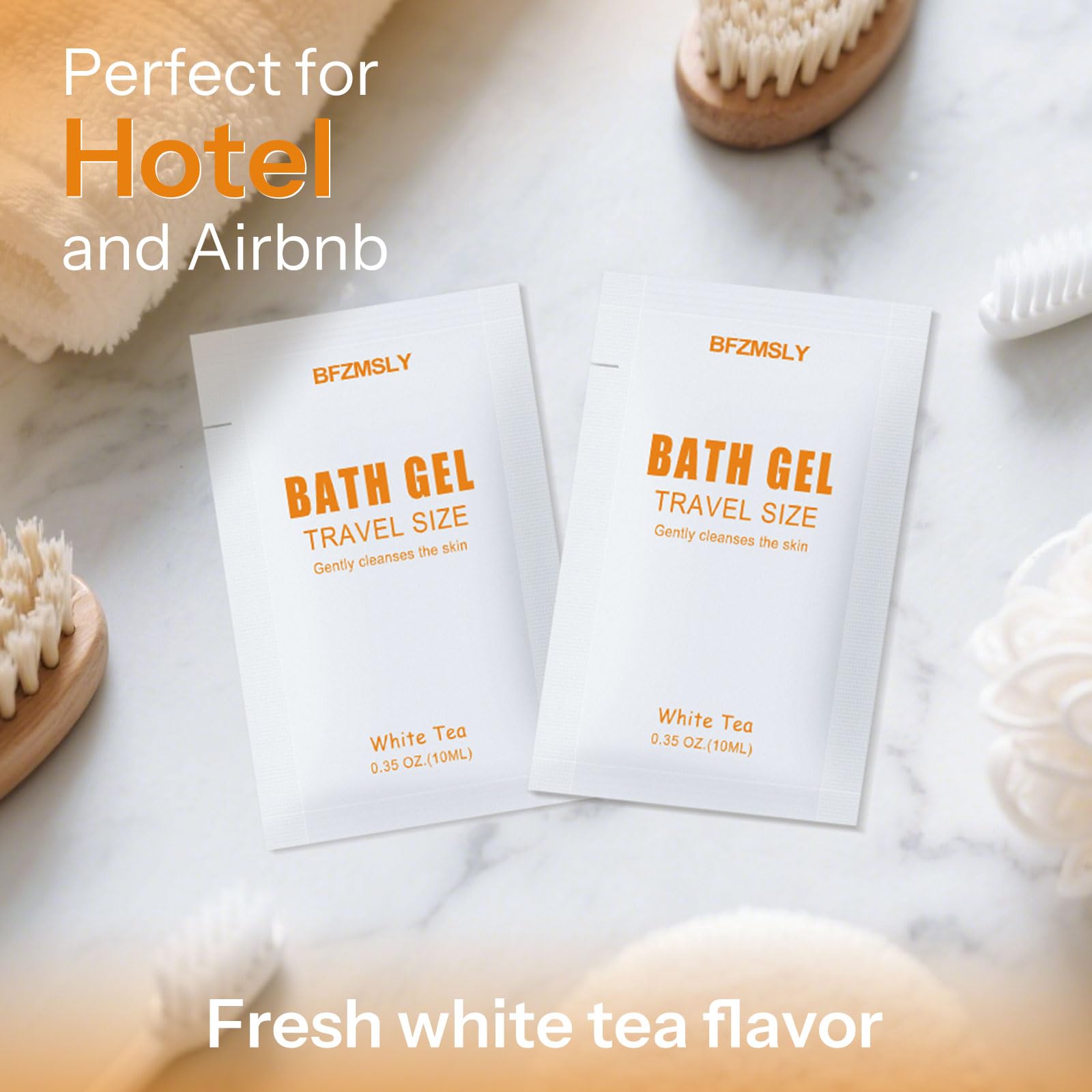 BFZMSLY 100 Pack Travel Size Body Wash Packets – White Tea Scent, TSA Approved for Hotels & Hospitality