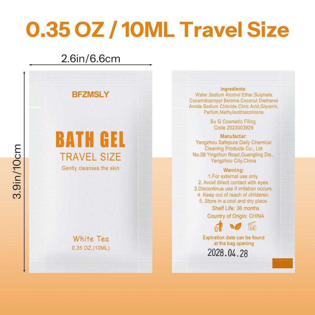 BFZMSLY 100 Pack Travel Size Body Wash Packets – White Tea Scent, TSA Approved for Hotels & Hospitality