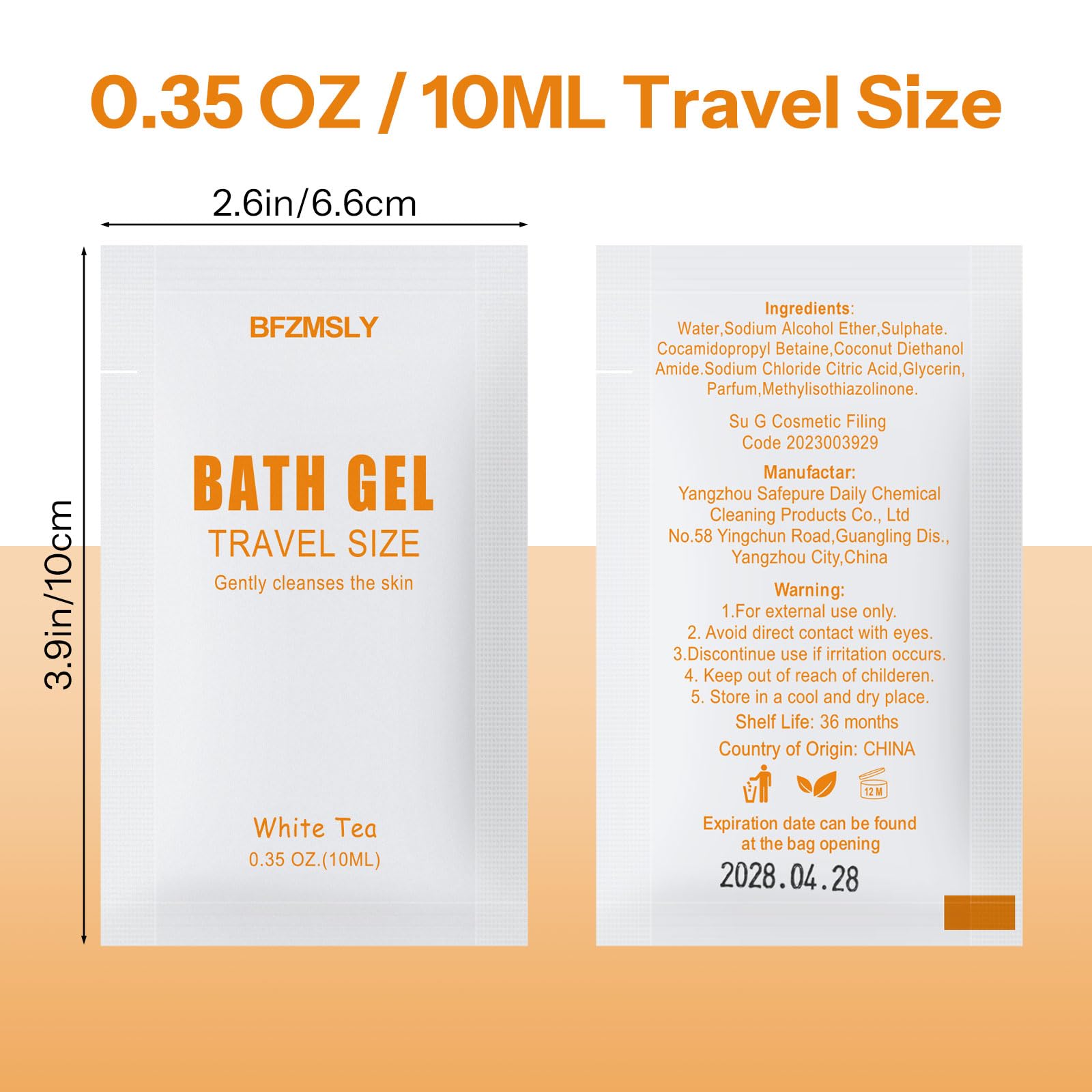 BFZMSLY 100 Pack Travel Size Body Wash Packets – White Tea Scent, TSA Approved for Hotels & Hospitality