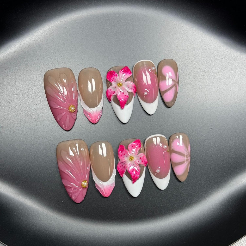 BHOOKA White French Tip Press-On Nails – 3D Flower & Pearl Design, Pink Gradient, Almond Shape