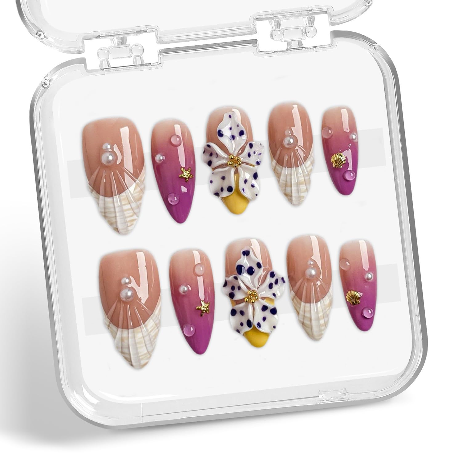 BHOOKA Flower Press on Nails - Purple Gradient, 3D White Flower & Pearl, French Tip, Medium Almond (Size S)