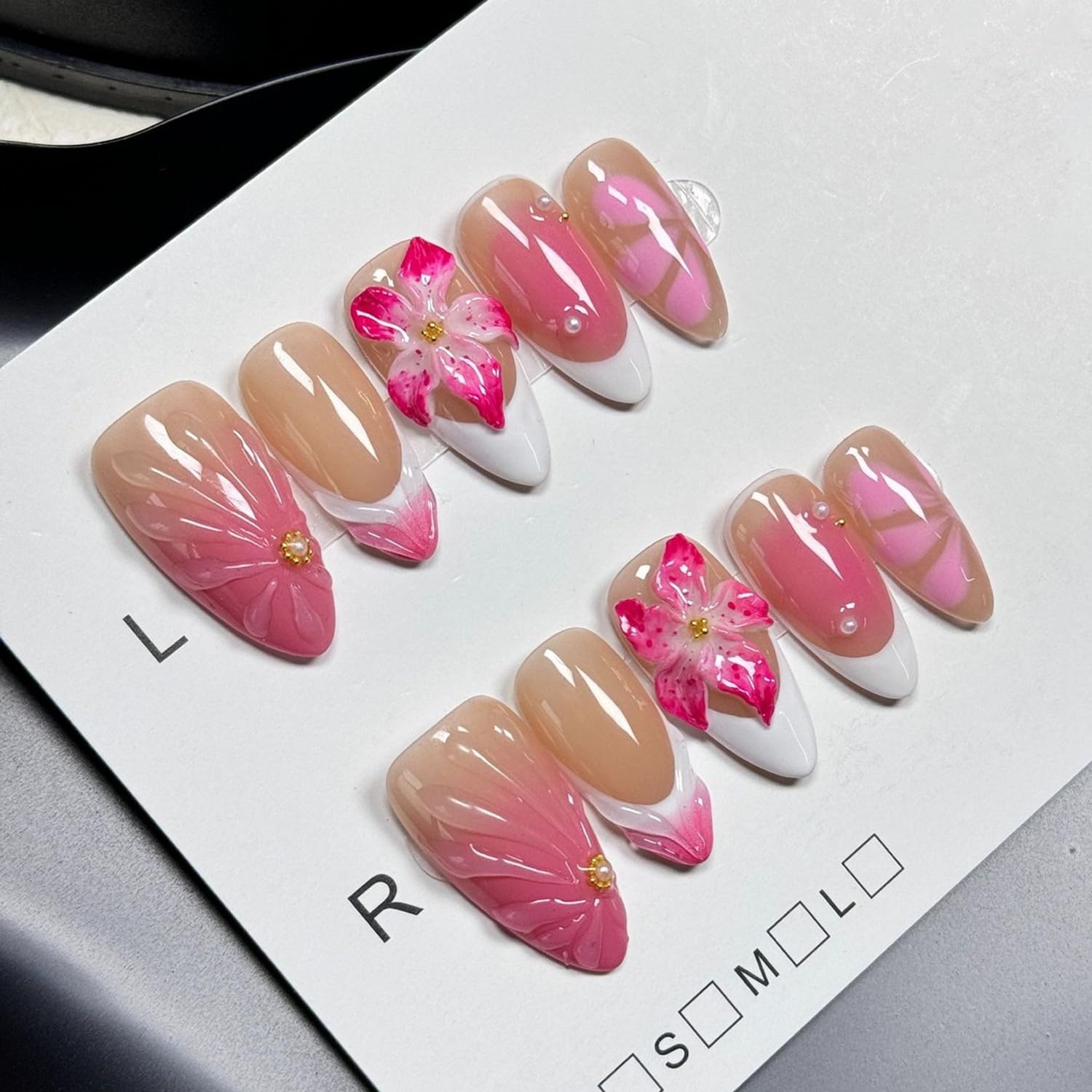 BHOOKA White French Tip Press-On Nails – 3D Flower & Pearl Design, Pink Gradient, Almond Shape