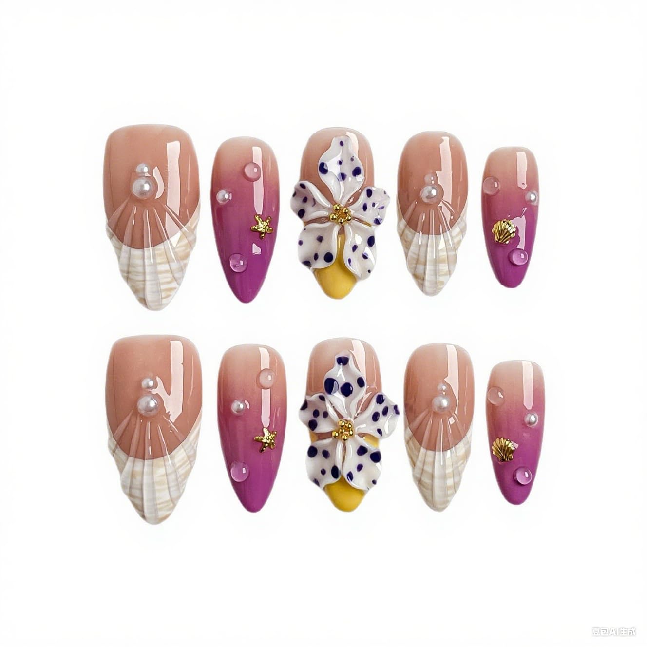 BHOOKA Flower Press on Nails - Purple Gradient, 3D White Flower & Pearl, French Tip, Medium Almond (Size S)