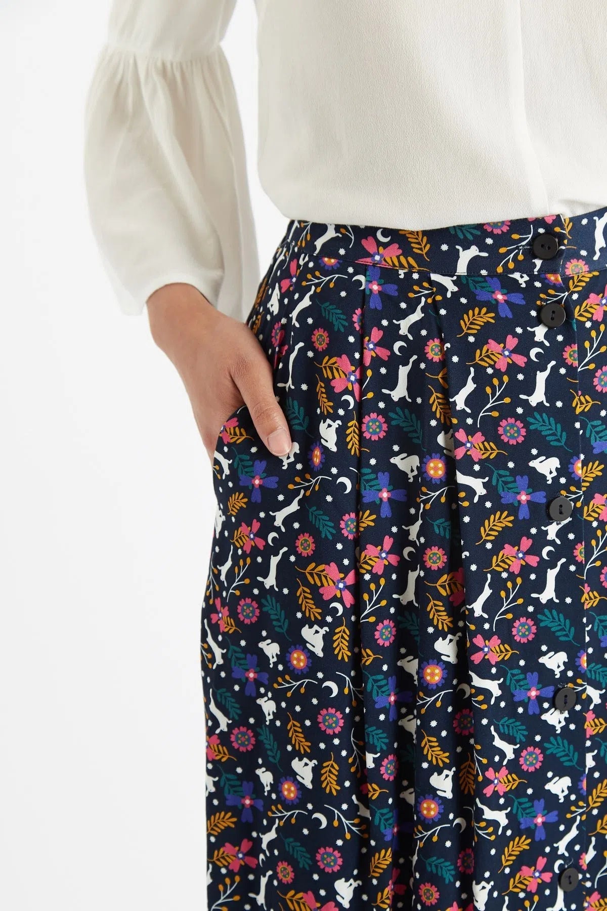Louche Bia White Rabbit Print Button Through Midi Skirt