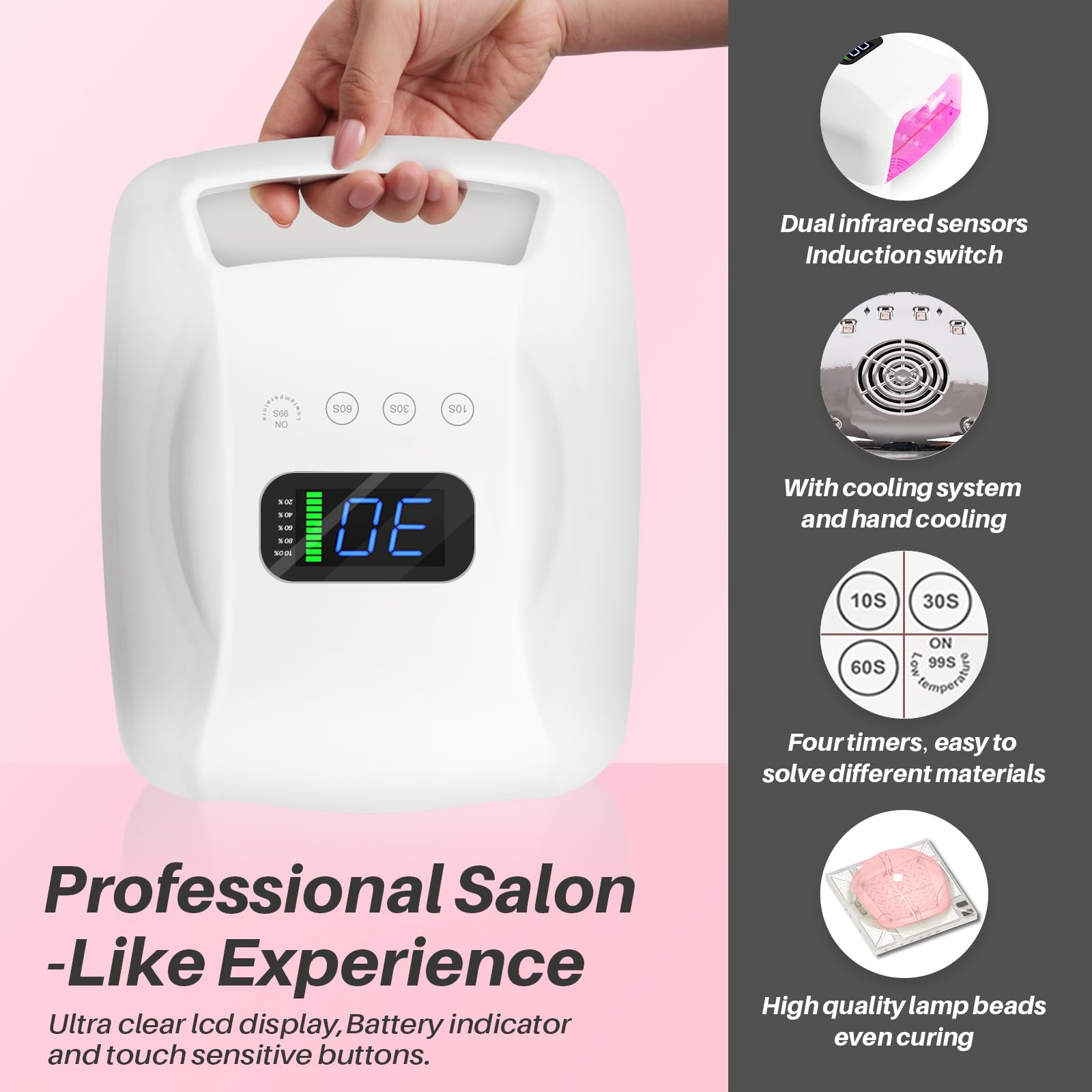 BIDUO Y8-Pro Cordless UV Nail Lamp – 96W, 28,800mAh Battery, 52 LEDs, Remote, Magnetic Base