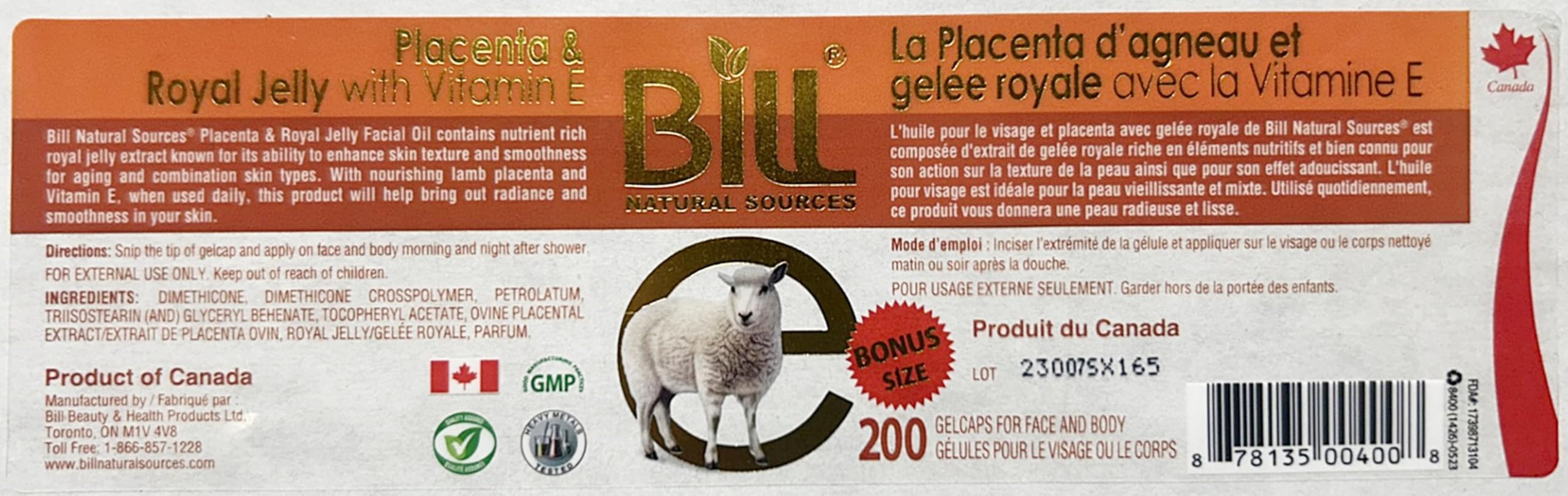 Bill Natural Sources Lamb Placenta & Royal Jelly Facial Oil with Vitamin E – 200 Gelcaps