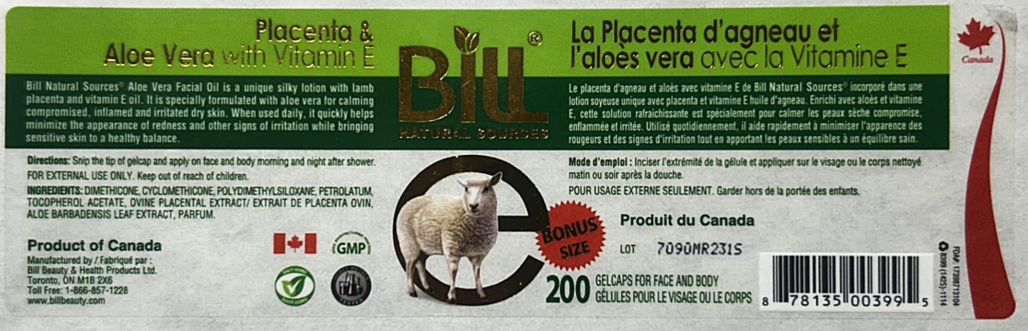 Bill Natural Sources Lamb Placenta & Aloe Vera Facial Oil with Vitamin E – 200 Gelcaps