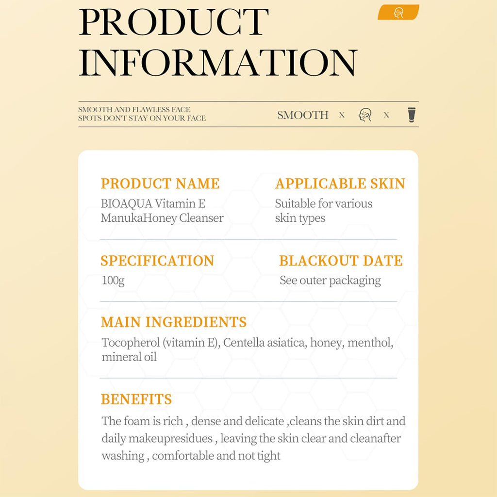 BIOAQUA Manuka Honey Facial Cleanser with Vitamin E – Deep Cleansing Foam (2 x 3.52 oz)