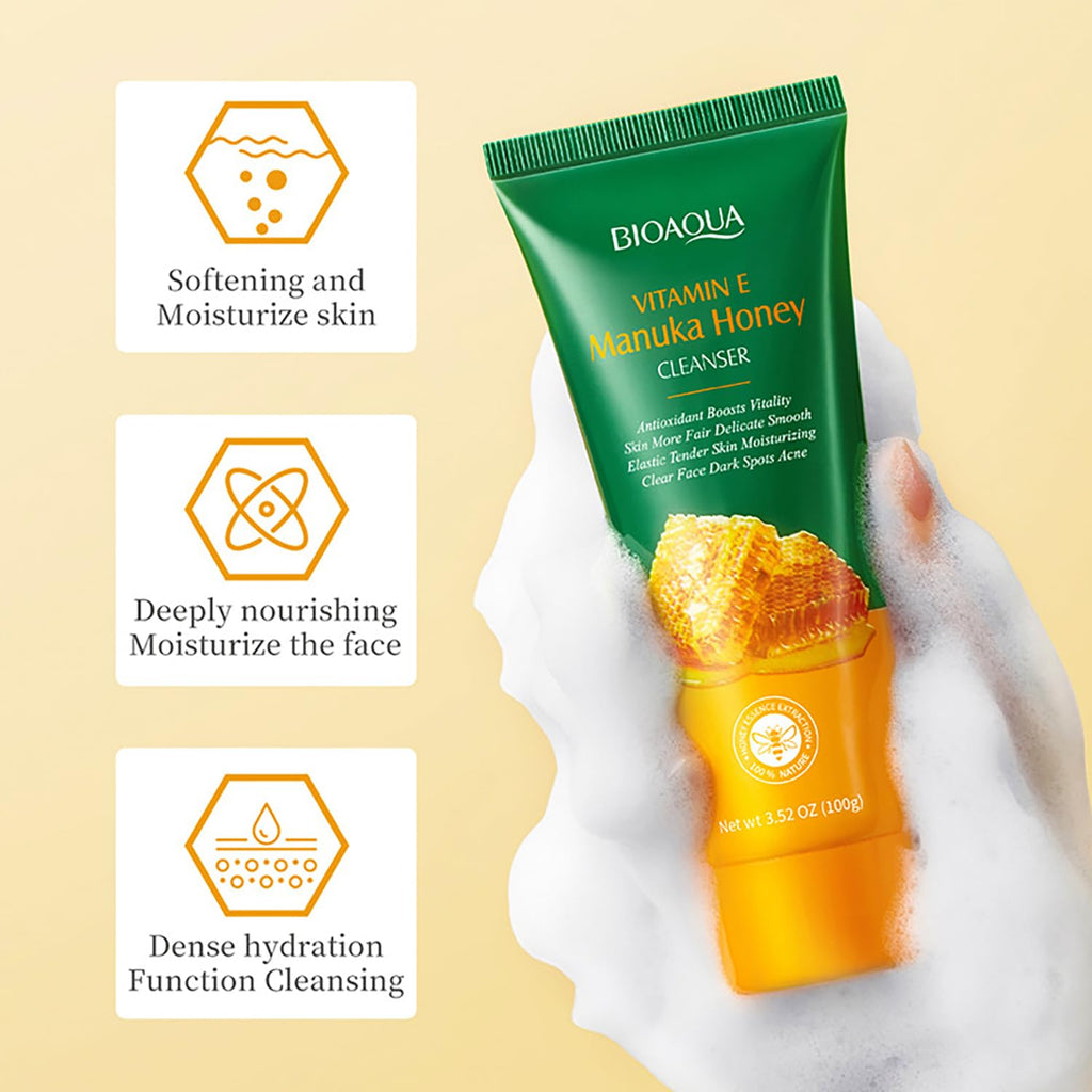 BIOAQUA Manuka Honey Facial Cleanser with Vitamin E – Deep Cleansing Foam (2 x 3.52 oz)