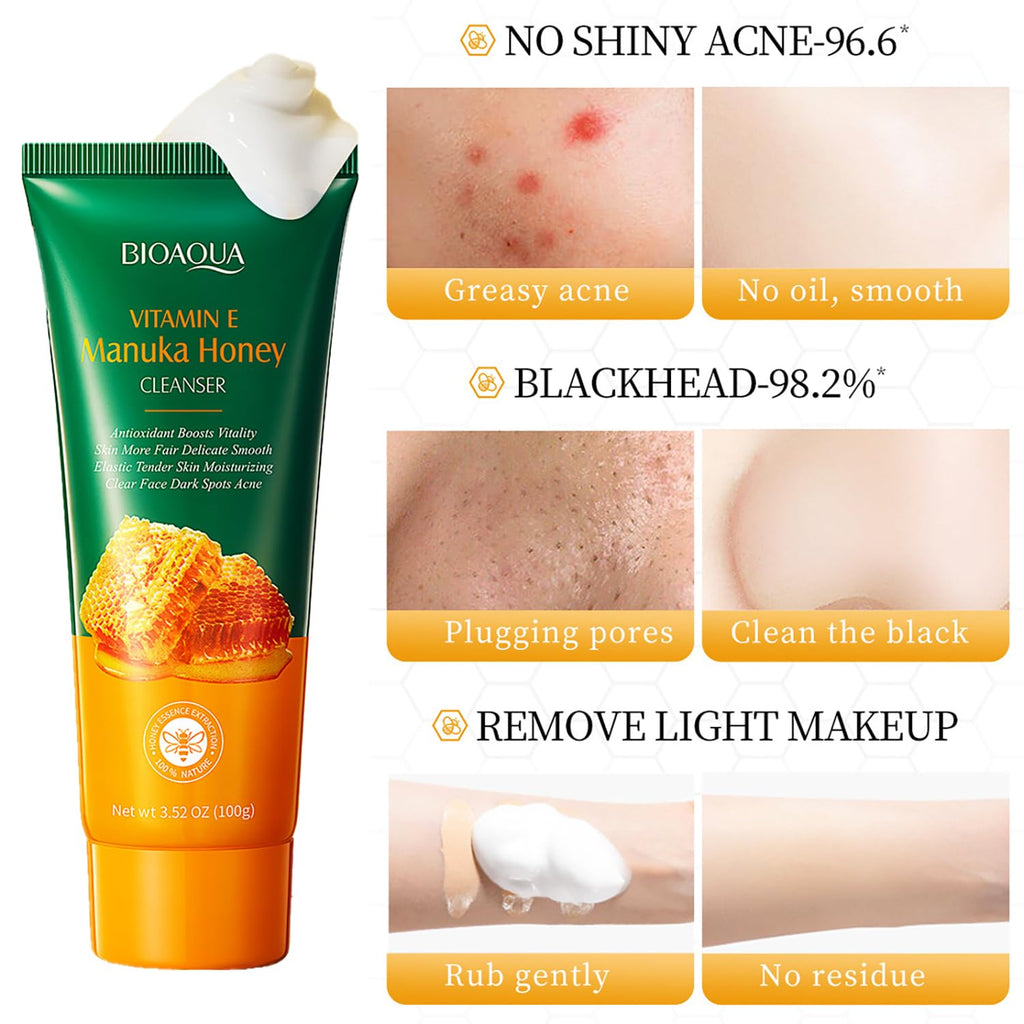 BIOAQUA Manuka Honey Facial Cleanser with Vitamin E – Deep Cleansing Foam (2 x 3.52 oz)