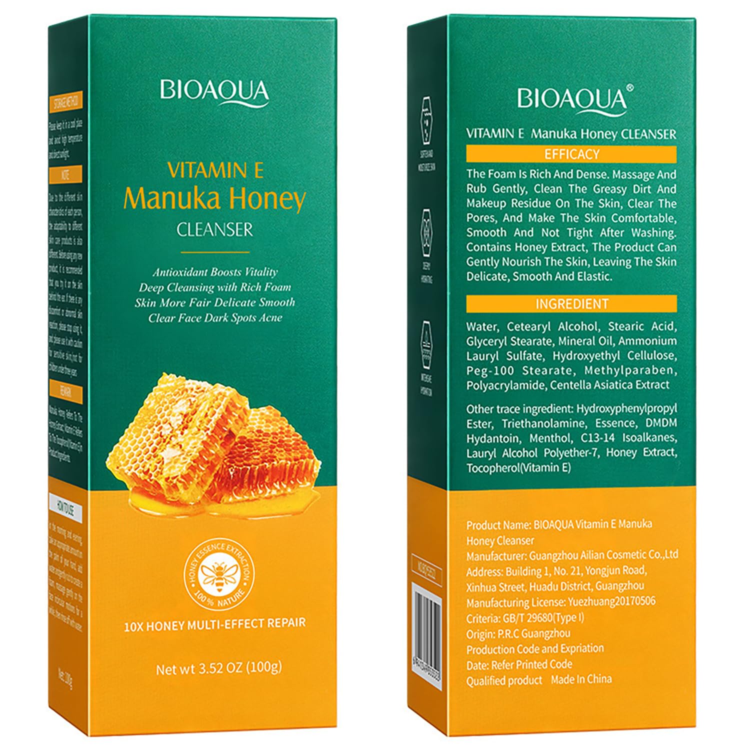 BIOAQUA Manuka Honey Facial Cleanser with Vitamin E – Deep Cleansing Foam (2 x 3.52 oz)