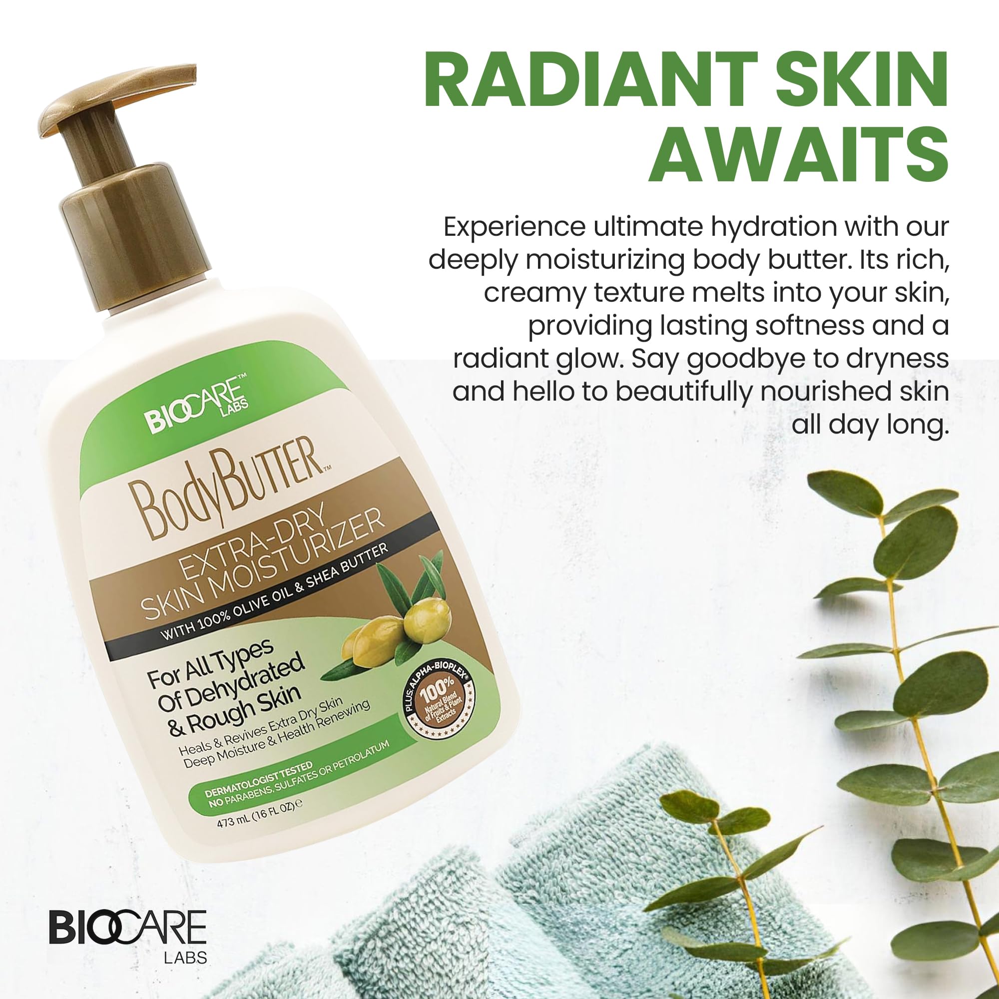 Biocare Labs Moisturizing Body Butter - Rich Shea & Olive Oil Hydration | 16 oz