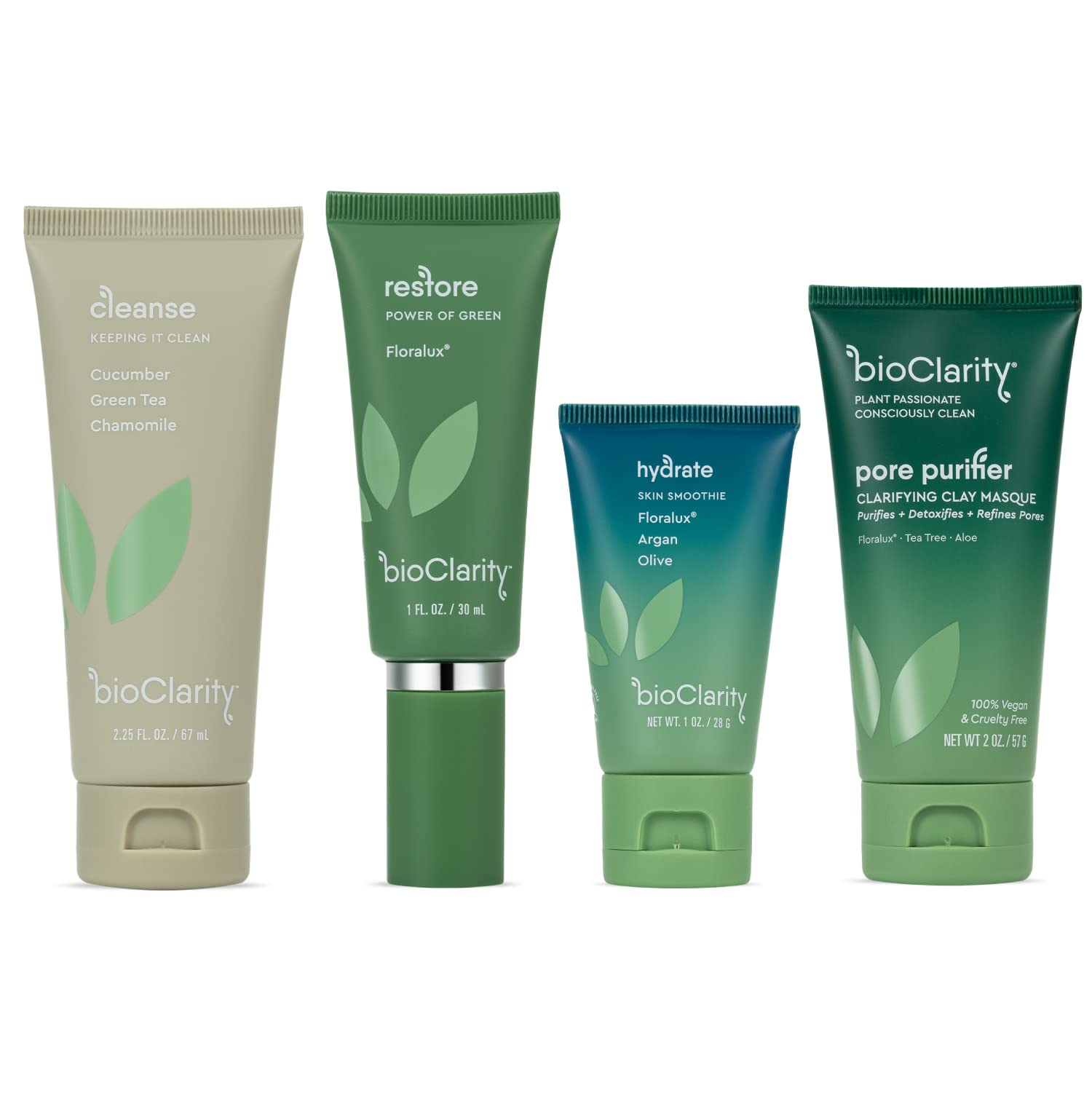 BioClarity 3-Step Essentials Routine with Clarifying Mask | Cleanse, Restore, Hydrate | 100% Clean Vegan | Mini Size