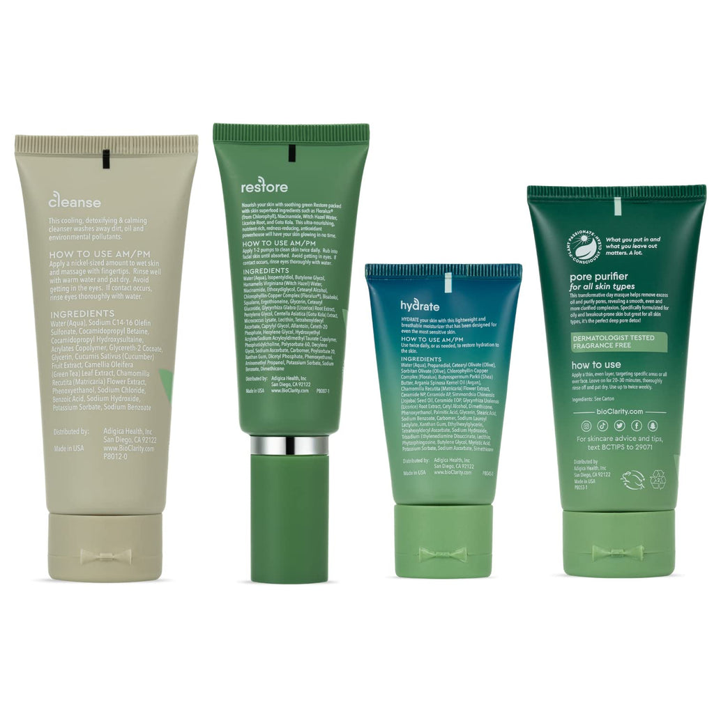 BioClarity 3-Step Essentials Routine with Clarifying Mask | Cleanse, Restore, Hydrate | 100% Clean Vegan | Mini Size