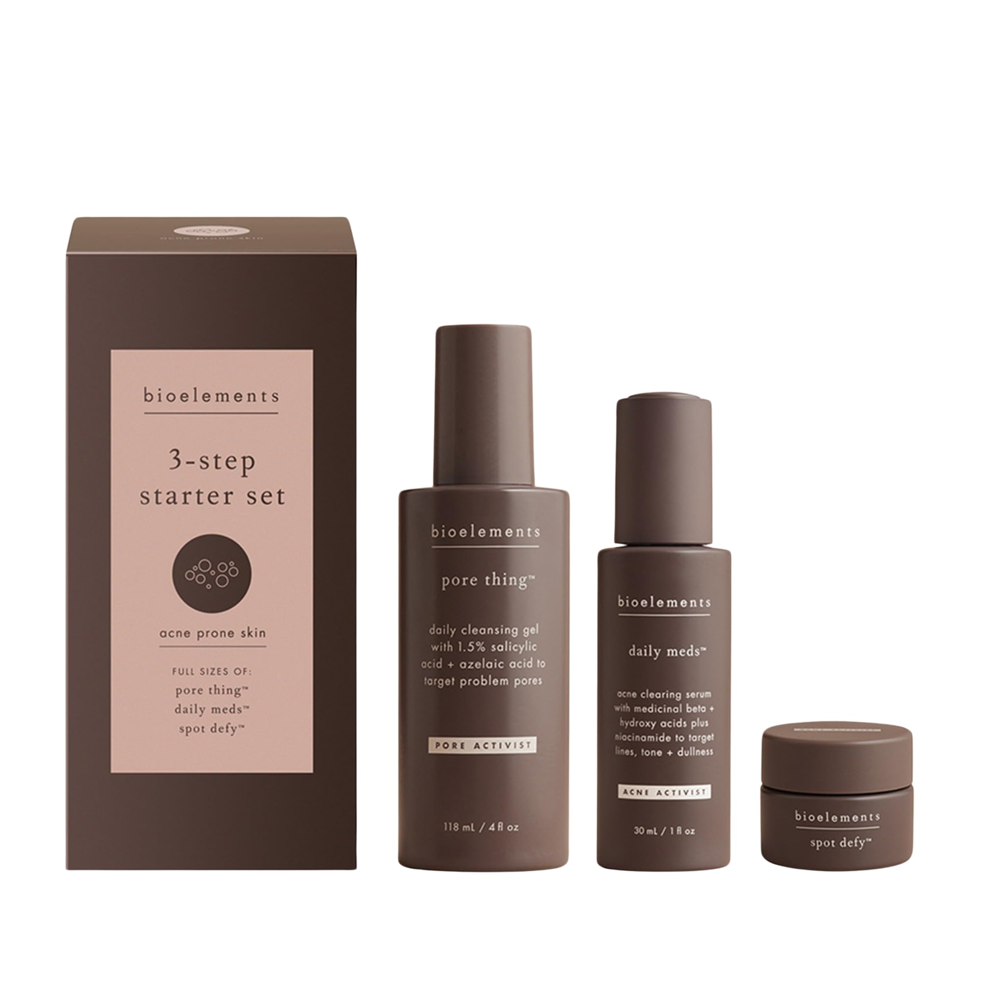 Bioelements 3-Step Starter Set for Acne Prone Skin – Pore Thing, Daily Meds & Spot Defy | Vegan, Gluten Free, Cruelty-Free