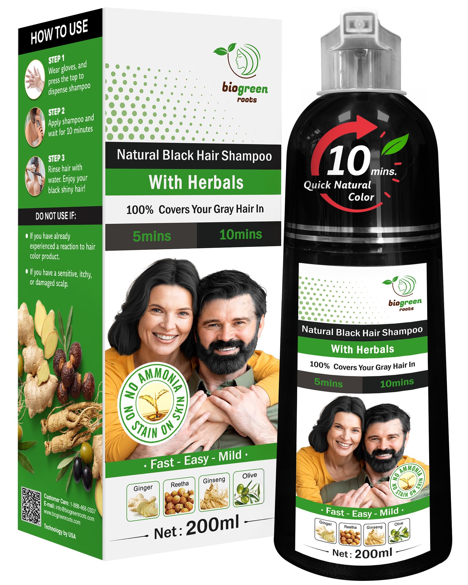 BIOGREEN ROOTS Ammonia-Free Herbal Hair Dye Shampoo – Natural Black, Paraben-Free (200 ml)