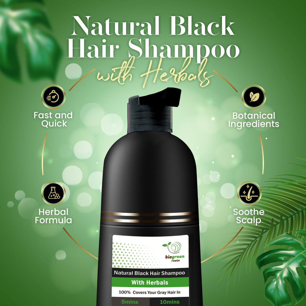 BIOGREEN ROOTS Ammonia-Free Herbal Hair Dye Shampoo – Natural Black, Paraben-Free (200 ml)