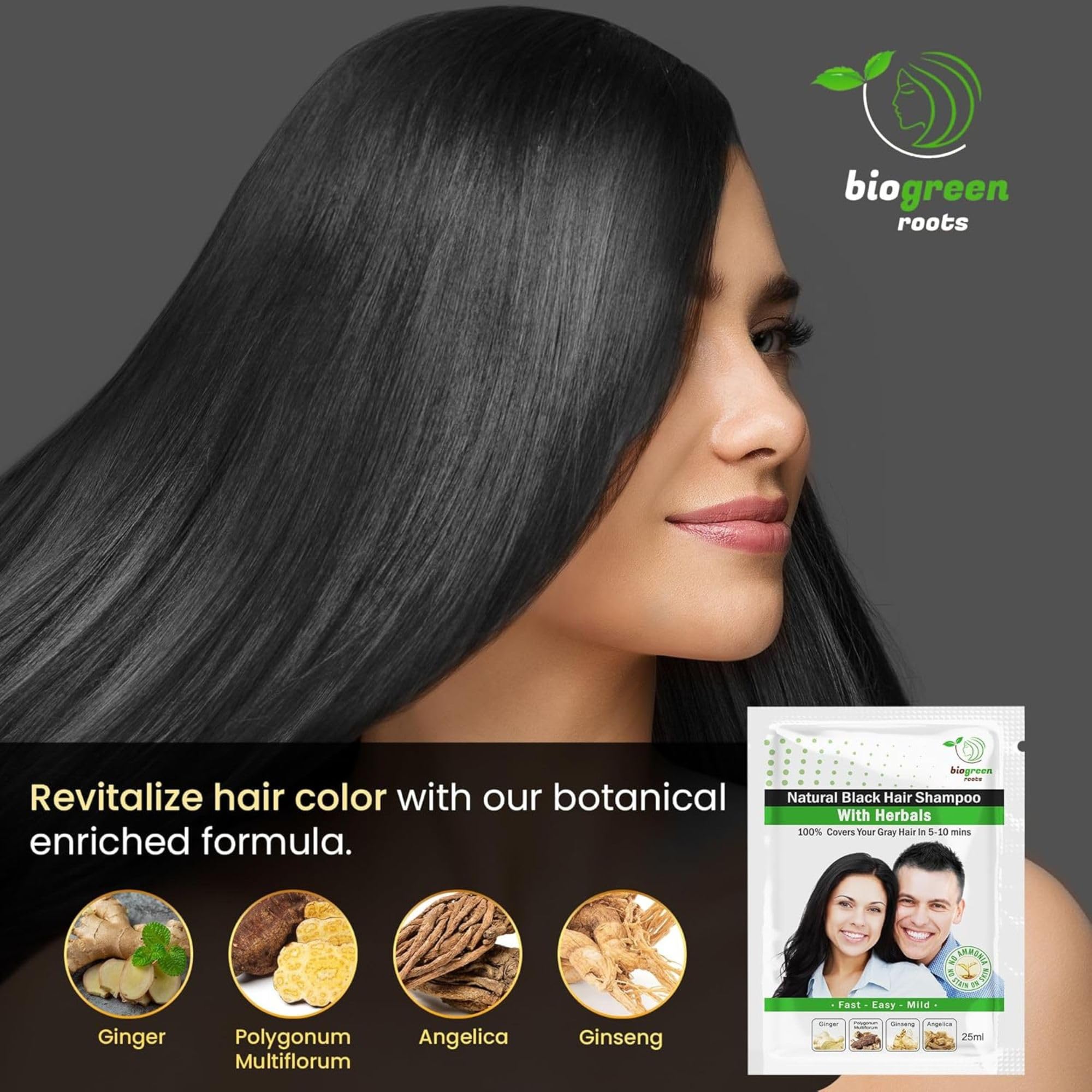BIOGREEN ROOTS Ammonia-Free & Paraben-Free Herbal Hair Dye Shampoo – Natural Black Color, Herbal Nourishment (100 sachets x 25 ml)