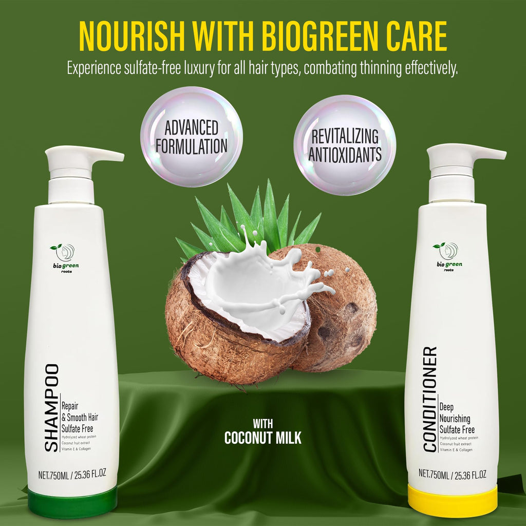 Biogreen Roots Shampoo & Conditioner – Sulfate-Free Hair Care with Hydrolyzed Wheat Protein, Coconut Extract, Vitamin E & Collagen (2 x 750 ml)