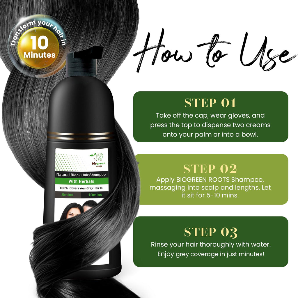 BIOGREEN ROOTS Ammonia-Free Herbal Hair Dye Shampoo – Natural Black, Paraben-Free (200 ml)