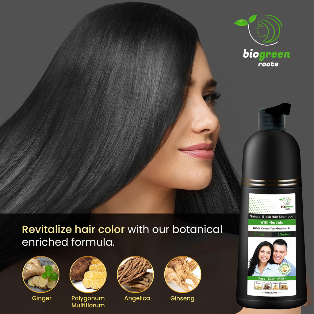 BIOGREEN ROOTS Ammonia-Free Herbal Hair Dye Shampoo – Natural Black, Paraben-Free (200 ml)