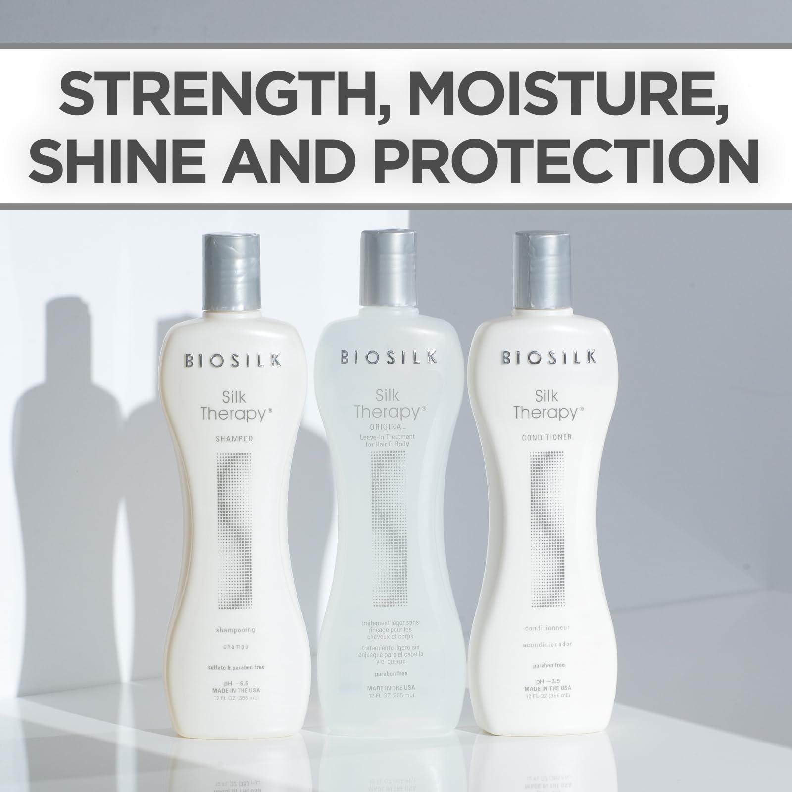 BioSilk Silk Therapy 3-Piece Shampoo, Conditioner & Serum Kit – Shine, 12 Oz, Sulfate & Paraben Free