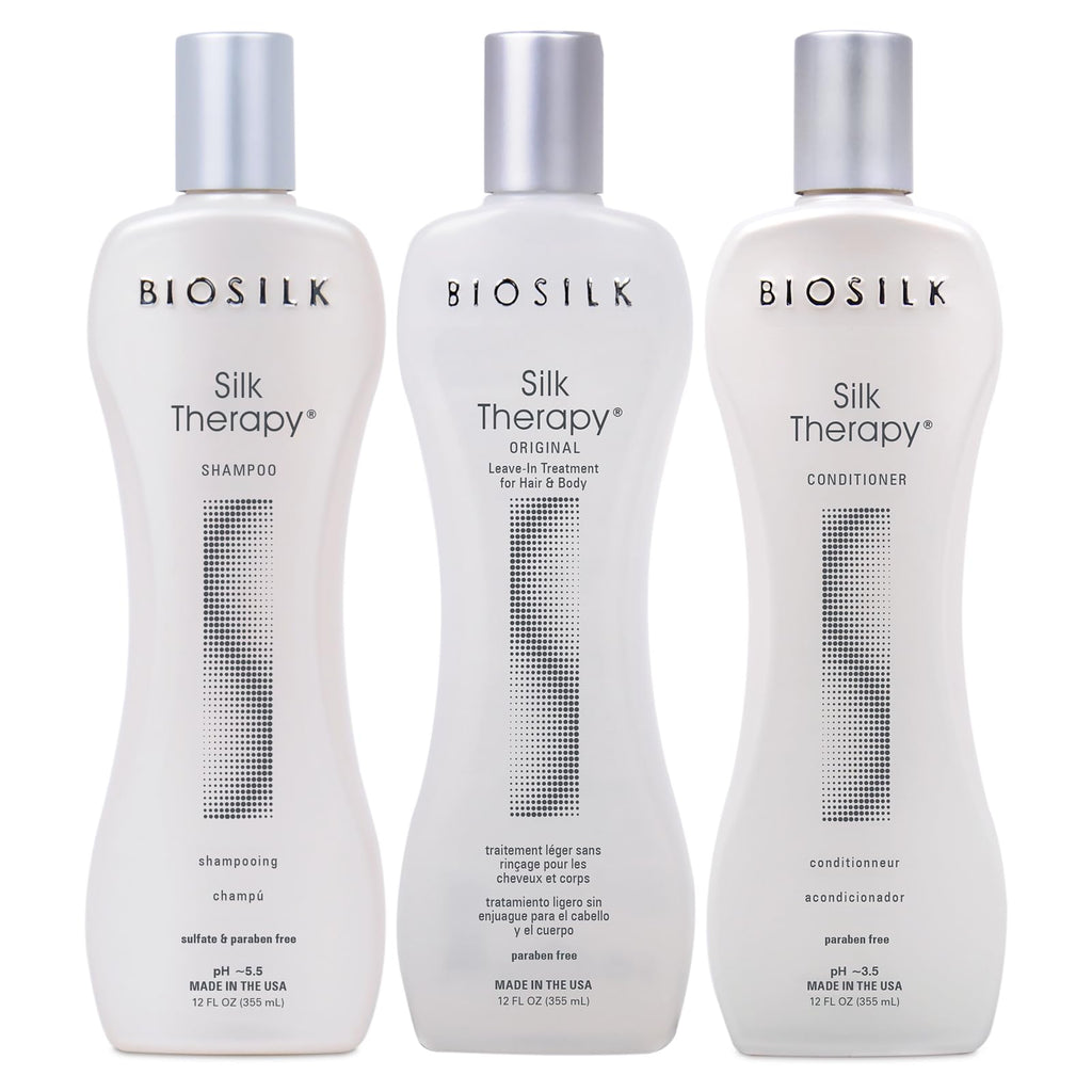 BioSilk Silk Therapy 3-Piece Shampoo, Conditioner & Serum Kit – Shine, 12 Oz, Sulfate & Paraben Free