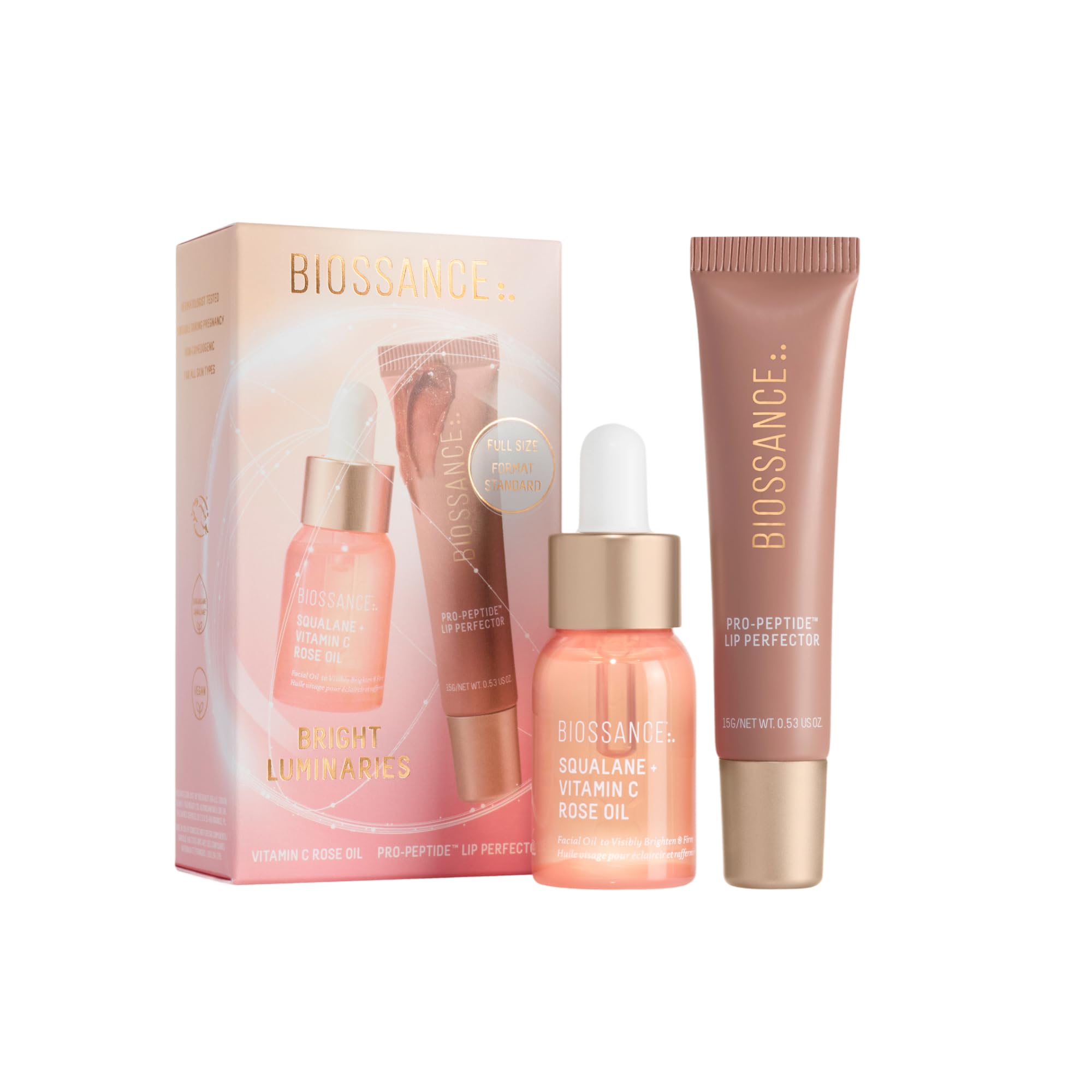 BIOSSANCE Bright Luminaries Holiday Gift Set – Vitamin C Rose Oil & Lip Perfector Travel Duo
