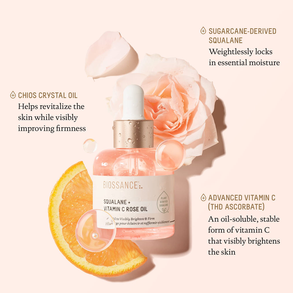 BIOSSANCE Squalane + Vitamin C Rose Advanced Facial Oil – Brightening, Firming & Hydrating Serum for All Skin Types
