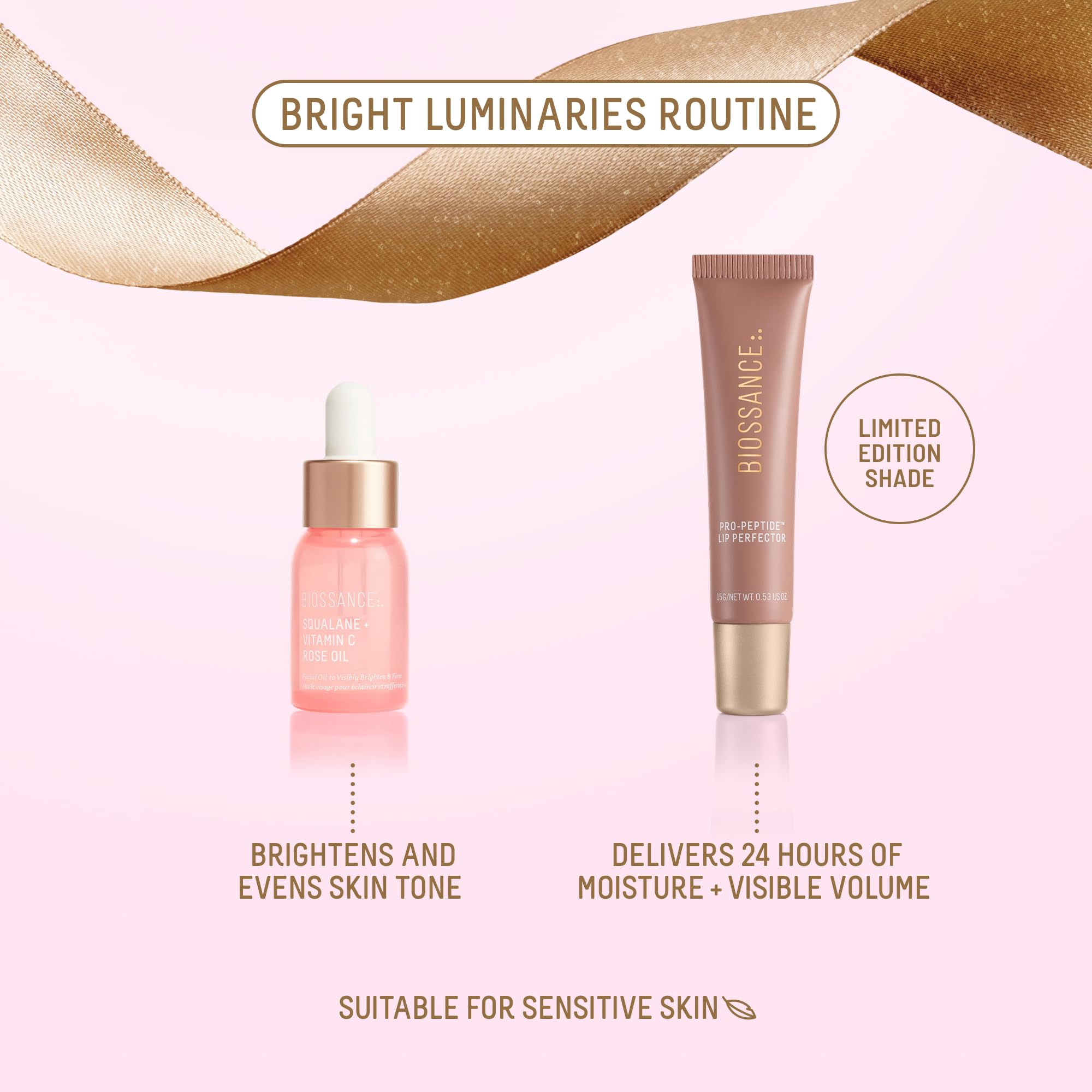 BIOSSANCE Bright Luminaries Holiday Gift Set – Vitamin C Rose Oil & Lip Perfector Travel Duo