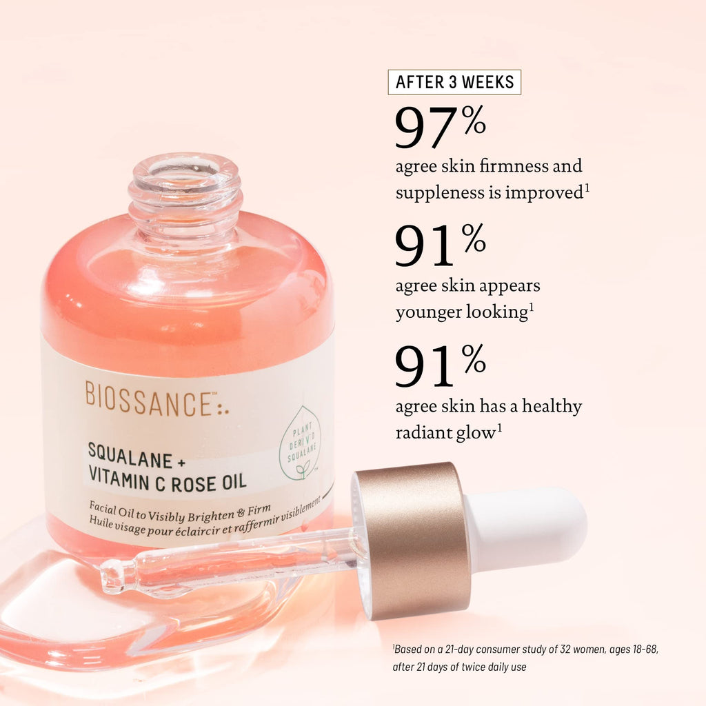 BIOSSANCE Squalane + Vitamin C Rose Advanced Facial Oil – Brightening, Firming & Hydrating Serum for All Skin Types