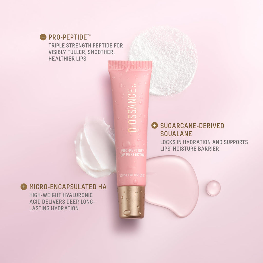 BIOSSANCE Pro-Peptide Lip Perfector – Triple-Treat Vegan Lip Balm, Deep Hydration & Silky Gloss in Blush Quartz Pink