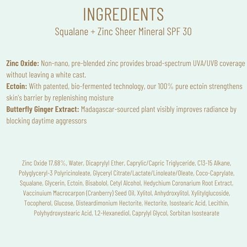 BIOSSANCE Squalane + Zinc Sheer Mineral Sunscreen Lotion SPF 30 – Dewy, Lightweight Hydration & Primer