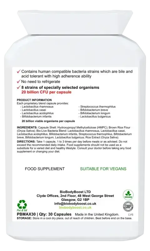 BioTic 20 Billion Vegan Probiotic | 8 Live Cultures UK