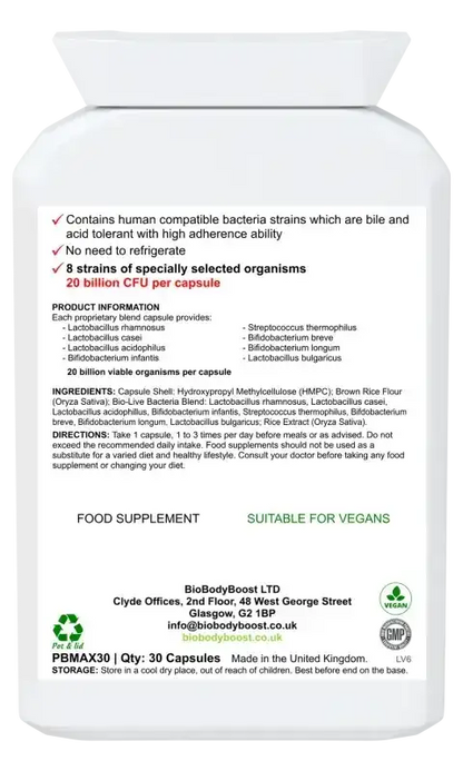 BioTic 20 Billion Vegan Probiotic | 8 Live Cultures UK