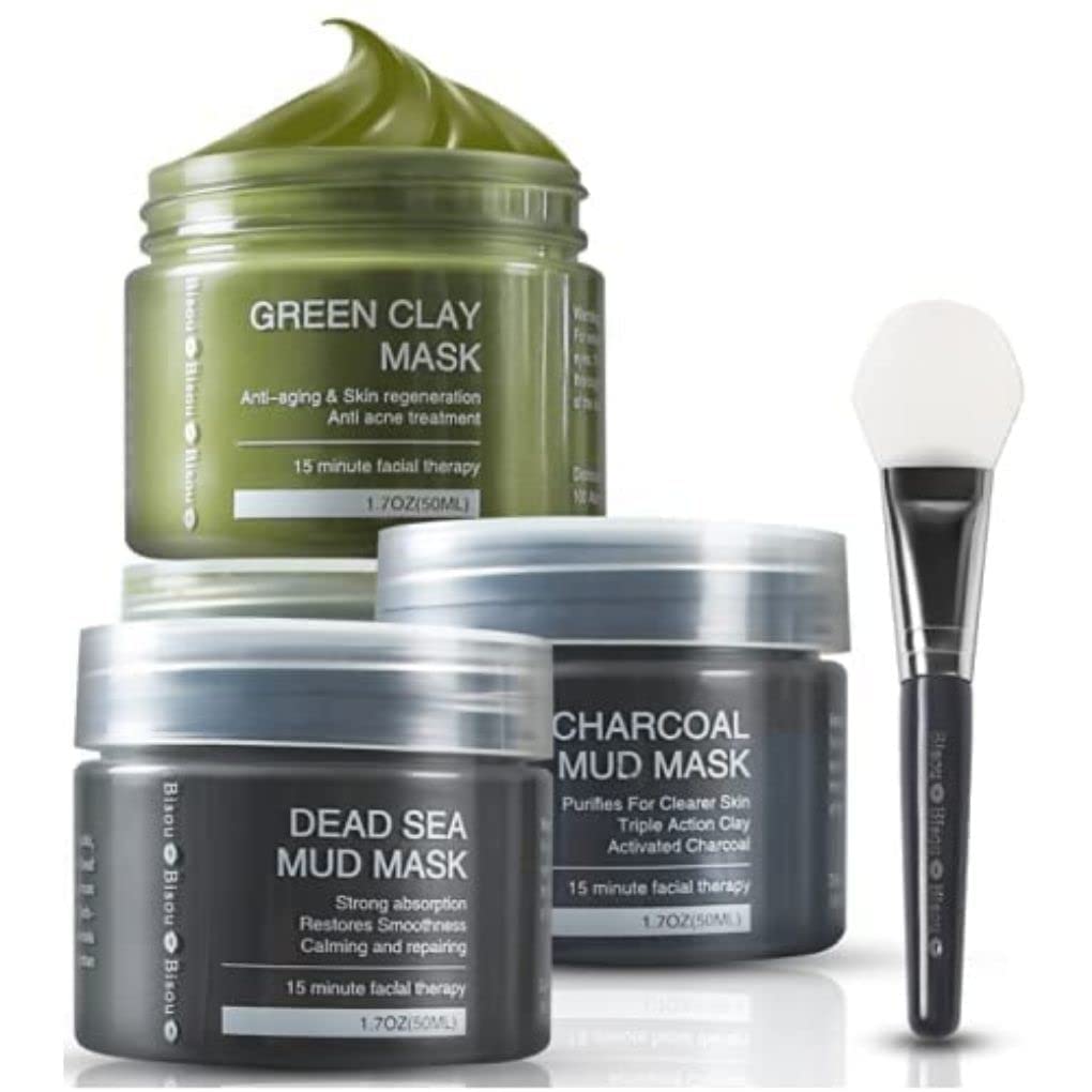 Bisou Bisou Bisou Clay, Dead Sea Mud & Charcoal Gel Face Mask Trio – Deep Cleansing & pH Balanced