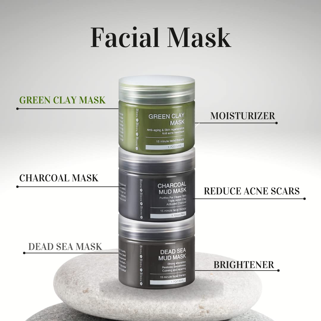 Bisou Bisou Bisou Clay, Dead Sea Mud & Charcoal Gel Face Mask Trio – Deep Cleansing & pH Balanced