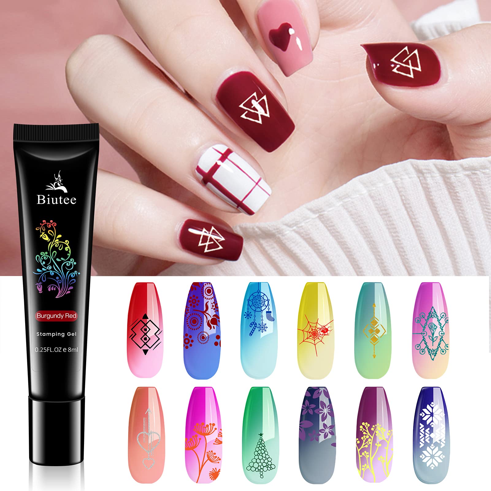 Biutee Nail Stamping Gel Pack – 12 Colors (8ml) for Nail Stamping Plates | UV/LED Safe