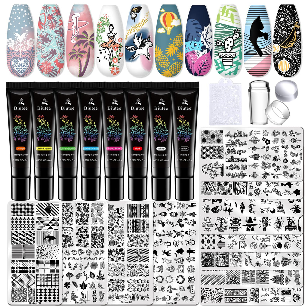 Biutee Nail Stamper Kit 22Pcs – Gel Nail Stamping Set with 12 Plates & 8 Polishes