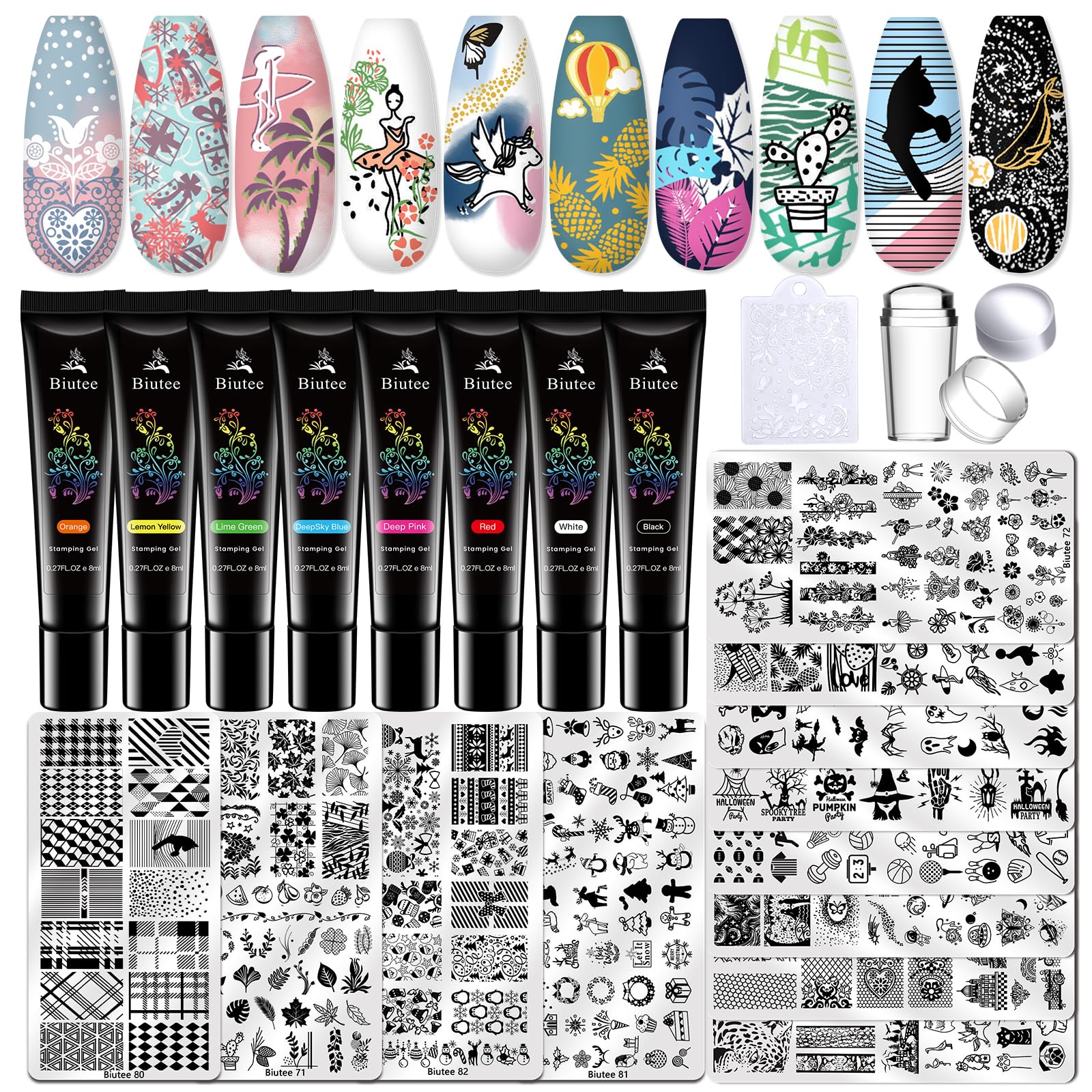 Biutee Nail Stamper Kit 22Pcs – Gel Nail Stamping Set with 12 Plates & 8 Polishes