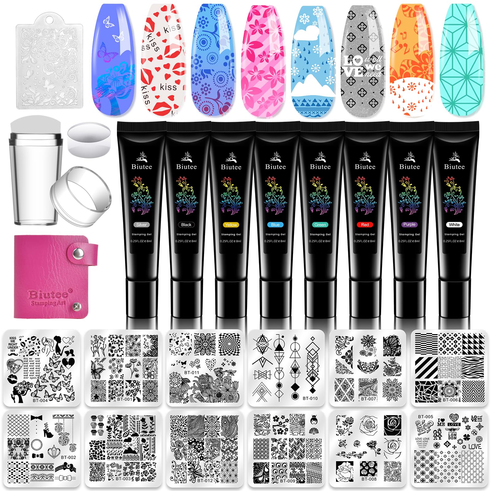 Biutee Nail Stamping Plates Set – 12 Plates, 8 Colors, Stamper & Scraper