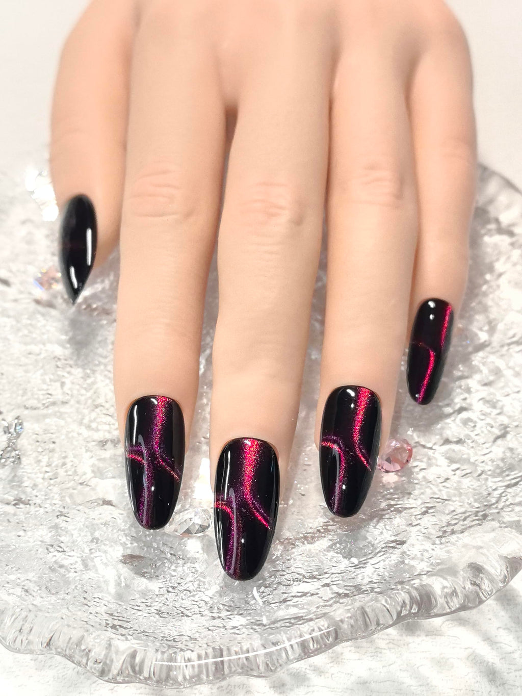 Black Double Pink Cat Eye Press-On Nails – Medium Almond, 10 Pieces | Sparkling Star Design