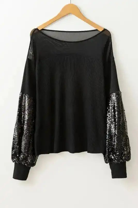 Black Sequin Lantern Sleeve Evening Blouse Women UK
